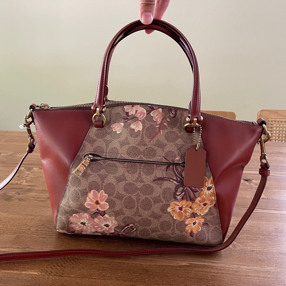 Coach Prairie Coated Canvas Signature Prairie Satchel Tan-Rust-Gold FLORAL